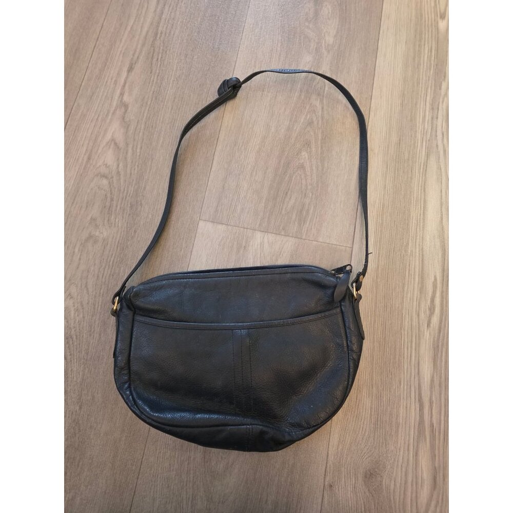 Black Leather Almondo Shoulder Bag With Adjustable Strap & Gold Hardware 11" Wid
